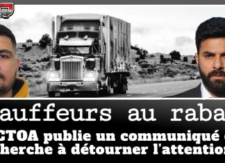 Chauffeurs au rabais : un communiqué du CTOA qui cherche à redéfinir l’enjeu public Montage visuel en noir et blanc montrant un camion lourd sur une autoroute, encadré à gauche par la photo de Baljeet Singh et à droite par la photo de Jaskirat Singh Sidhu. Le titre « Chauffeurs au rabais » apparaît en grand, suivi du sous-titre « Le CTOA publie un communiqué qui cherche à détourner l’attention ». Logo Truck Stop Québec dans le coin supérieur gauche.