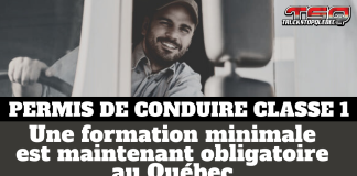 Une formation est maintenant obligatoire pour devenir camionneur au Québec Camionneur au volant d’un camion lourd illustrant l’entrée en vigueur de la formation obligatoire pour l’obtention du permis de conduire de classe 1 au Québec, avec le visuel Truck Stop Québec.