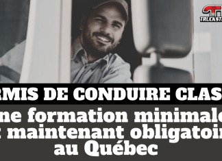 Une formation est maintenant obligatoire pour devenir camionneur au Québec Camionneur au volant d’un camion lourd illustrant l’entrée en vigueur de la formation obligatoire pour l’obtention du permis de conduire de classe 1 au Québec, avec le visuel Truck Stop Québec.