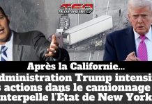 L’administration Trump intensifie ses actions dans le camionnage et interpelle l’État de New York Montage illustrant l’administration Trump et le secrétaire américain aux Transports Sean Duffy, avec un camion accidenté en arrière-plan, pour illustrer les interventions fédérales dans le camionnage et la pression exercée sur l’État de New York concernant les permis CDL.