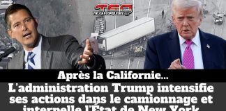 L’administration Trump intensifie ses actions dans le camionnage et interpelle l’État de New York Montage illustrant l’administration Trump et le secrétaire américain aux Transports Sean Duffy, avec un camion accidenté en arrière-plan, pour illustrer les interventions fédérales dans le camionnage et la pression exercée sur l’État de New York concernant les permis CDL.