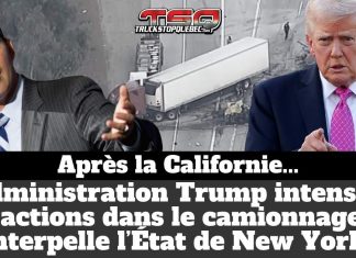 L’administration Trump intensifie ses actions dans le camionnage et interpelle l’État de New York Montage illustrant l’administration Trump et le secrétaire américain aux Transports Sean Duffy, avec un camion accidenté en arrière-plan, pour illustrer les interventions fédérales dans le camionnage et la pression exercée sur l’État de New York concernant les permis CDL.