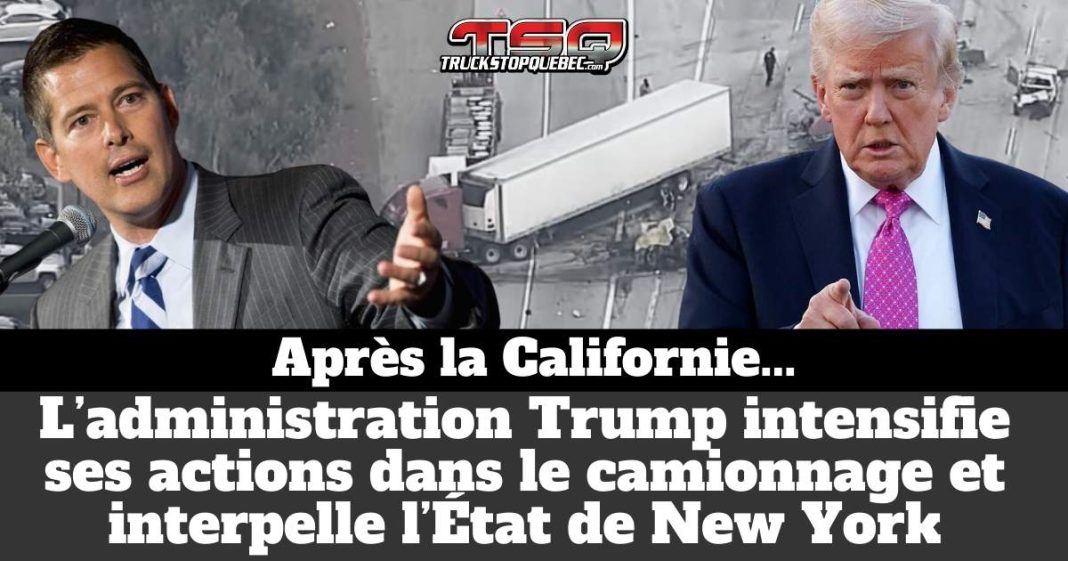 Montage illustrant l’administration Trump et le secrétaire américain aux Transports Sean Duffy, avec un camion accidenté en arrière-plan, pour illustrer les interventions fédérales dans le camionnage et la pression exercée sur l’État de New York concernant les permis CDL.