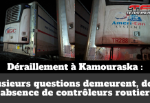 Déraillement à Kamouraska : plusieurs questions demeurent, dont l’absence de CRQ Montage graphique de Truck Stop Québec montrant deux remorques de camions stationnées de nuit dans une cour, l’une lettrée Harman Group (HGC) et l’autre Ameri-Can Systems, liées au déraillement d’un train de VIA Rail à Saint-Alexandre-de-Kamouraska; en bas de l’image, un bandeau gris foncé affiche le texte « Déraillement à Kamouraska : plusieurs questions demeurent, dont l’absence de contrôleurs routiers », avec le logo TSQ dans le coin supérieur droit.