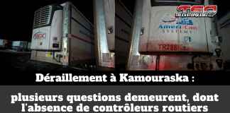 Déraillement à Kamouraska : plusieurs questions demeurent, dont l’absence de CRQ Montage graphique de Truck Stop Québec montrant deux remorques de camions stationnées de nuit dans une cour, l’une lettrée Harman Group (HGC) et l’autre Ameri-Can Systems, liées au déraillement d’un train de VIA Rail à Saint-Alexandre-de-Kamouraska; en bas de l’image, un bandeau gris foncé affiche le texte « Déraillement à Kamouraska : plusieurs questions demeurent, dont l’absence de contrôleurs routiers », avec le logo TSQ dans le coin supérieur droit.