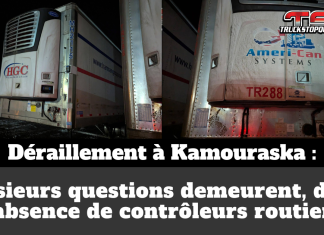 Déraillement à Kamouraska : plusieurs questions demeurent, dont l’absence de CRQ Montage graphique de Truck Stop Québec montrant deux remorques de camions stationnées de nuit dans une cour, l’une lettrée Harman Group (HGC) et l’autre Ameri-Can Systems, liées au déraillement d’un train de VIA Rail à Saint-Alexandre-de-Kamouraska; en bas de l’image, un bandeau gris foncé affiche le texte « Déraillement à Kamouraska : plusieurs questions demeurent, dont l’absence de contrôleurs routiers », avec le logo TSQ dans le coin supérieur droit.