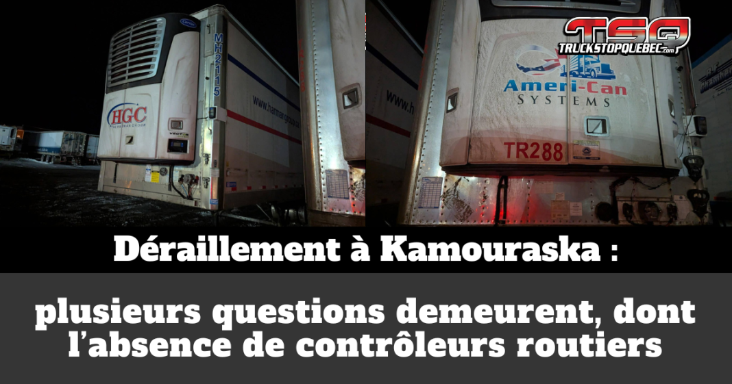 Montage graphique de Truck Stop Québec montrant deux remorques de camions stationnées de nuit dans une cour, l’une lettrée Harman Group (HGC) et l’autre Ameri-Can Systems, liées au déraillement d’un train de VIA Rail à Saint-Alexandre-de-Kamouraska; en bas de l’image, un bandeau gris foncé affiche le texte « Déraillement à Kamouraska : plusieurs questions demeurent, dont l’absence de contrôleurs routiers », avec le logo TSQ dans le coin supérieur droit.