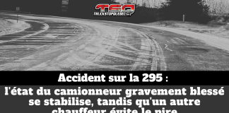 Accident sur la 295 : l’état du camionneur gravement blessé se stabilise Route glacée avec traces de dérapage et titre “Accident sur la 295 : l’état du camionneur gravement blessé se stabilise, tandis qu’un autre chauffeur évite le pire”.
