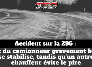 Accident sur la 295 : l’état du camionneur gravement blessé se stabilise Route glacée avec traces de dérapage et titre “Accident sur la 295 : l’état du camionneur gravement blessé se stabilise, tandis qu’un autre chauffeur évite le pire”.