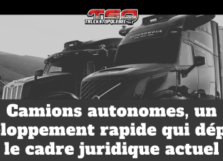 Camions autonomes, un développement rapide qui dépasse le cadre juridique actuel Deux camions autonomes, avec capteurs et équipements technologiques visibles sur le toit, illustrant le développement rapide des camions autonomes et les défis juridiques dans l’industrie du transport routier.