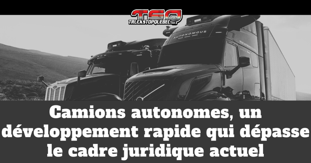 Deux camions autonomes, avec capteurs et équipements technologiques visibles sur le toit, illustrant le développement rapide des camions autonomes et les défis juridiques dans l’industrie du transport routier.