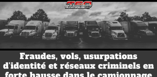 Camionnage : fraudes, vols, usurpations d’identité et réseaux criminels en forte hausse Photo noir et blanc de plusieurs camions lourds alignés dans une cour de transport avec le logo Truck Stop Québec. Le texte inscrit sur l’image : « Fraudes, vols, usurpations d’identité et réseaux criminels en forte hausse dans le camionnage ».