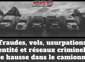 Camionnage : fraudes, vols, usurpations d’identité et réseaux criminels en forte hausse Photo noir et blanc de plusieurs camions lourds alignés dans une cour de transport avec le logo Truck Stop Québec. Le texte inscrit sur l’image : « Fraudes, vols, usurpations d’identité et réseaux criminels en forte hausse dans le camionnage ».