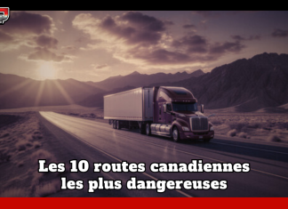 Les 10 routes canadiennes les plus dangereuses, selon les données disponibles Texte sur une image d'une route avec un camion qui circule : "Les 10 routes canadiennes les plus dangereuses, selon les données disponibles".