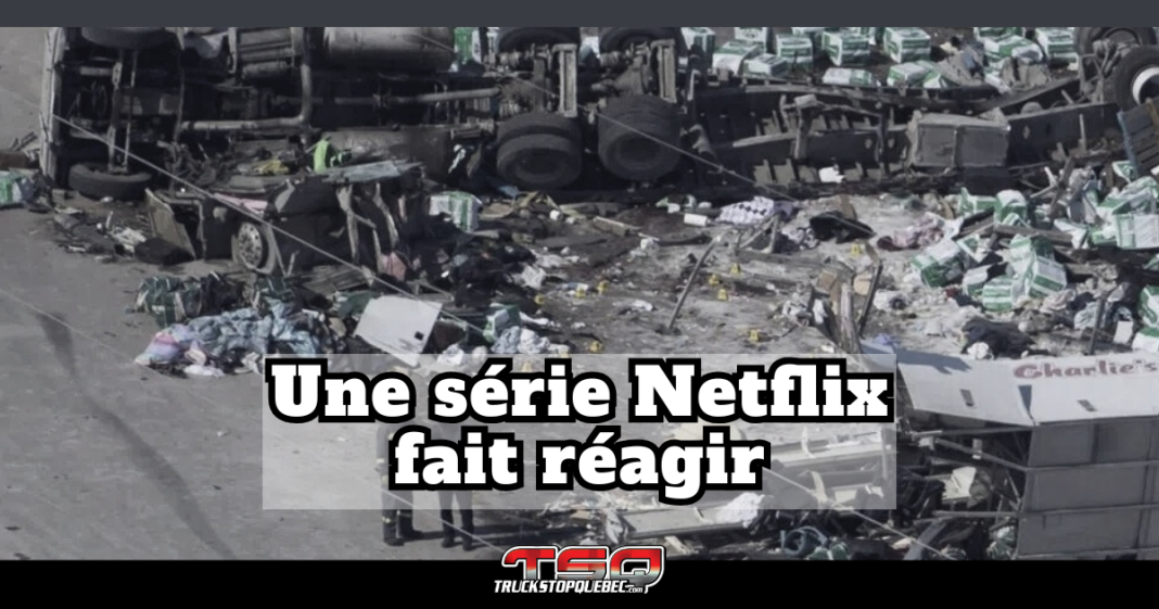 Texte "Une série Netflix fait réagir" et en arrière-plan, l'accident causé par Jaskirat Singh Sidhu lors de la tragédie des Broncos.