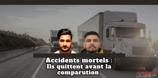 Accidents mortels et fuite à l’étranger : une faille dans le système judiciaire Montage graphique montrant deux camionneurs devant des camions sur une autoroute, avec le texte « Accidents mortels : Ils quittent avant la comparution ». Illustration utilisée pour un article sur les failles du système judiciaire canadien permettant à certains conducteurs impliqués dans des accidents mortels de quitter le territoire avant leur première comparution.