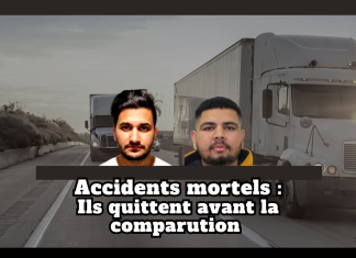 Accidents mortels et fuite à l’étranger : une faille dans le système judiciaire Montage graphique montrant deux camionneurs devant des camions sur une autoroute, avec le texte « Accidents mortels : Ils quittent avant la comparution ». Illustration utilisée pour un article sur les failles du système judiciaire canadien permettant à certains conducteurs impliqués dans des accidents mortels de quitter le territoire avant leur première comparution.