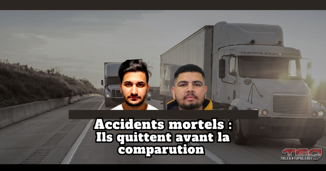 Montage graphique montrant deux camionneurs devant des camions sur une autoroute, avec le texte « Accidents mortels : Ils quittent avant la comparution ». Illustration utilisée pour un article sur les failles du système judiciaire canadien permettant à certains conducteurs impliqués dans des accidents mortels de quitter le territoire avant leur première comparution.