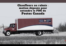 Comité permanent des transports : le Bloc Québécois veut entendre le PDG de Postes Canada Camion de Postes Canada sur la route avec le texte « Chauffeurs au rabais : motion déposée pour entendre le PDG de Postes Canada », illustrant une motion présentée au comité permanent des transports concernant les pratiques de contrats et de sous-traitance dans le secteur du transport routier.