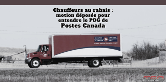 Comité permanent des transports : le Bloc Québécois veut entendre le PDG de Postes Canada Camion de Postes Canada sur la route avec le texte « Chauffeurs au rabais : motion déposée pour entendre le PDG de Postes Canada », illustrant une motion présentée au comité permanent des transports concernant les pratiques de contrats et de sous-traitance dans le secteur du transport routier.