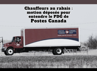 Comité permanent des transports : le Bloc Québécois veut entendre le PDG de Postes Canada Camion de Postes Canada sur la route avec le texte « Chauffeurs au rabais : motion déposée pour entendre le PDG de Postes Canada », illustrant une motion présentée au comité permanent des transports concernant les pratiques de contrats et de sous-traitance dans le secteur du transport routier.