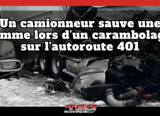 Un camionneur sauve une femme lors d’un carambolage sur l’autoroute 401 Deux poids lourds impliqués dans un important carambolage sur l'autoroute 401, et texte : "Un camionneur sauve une femme lors d'un carambolage sur l'autoroute 401".