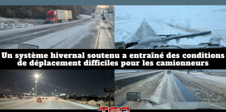 Un système hivernal soutenu a entraîné des conditions de déplacement difficiles pour les camionneurs Montage de photos prises par la camionneuse Vanessa Boisclair-Metthé montrant des routes glacées, enneigées et couvertes de verglas aux États-Unis, avec des camions circulant dans des conditions hivernales difficiles. Le texte du graphique indique : « Un système hivernal soutenu a entraîné des conditions de déplacement difficiles pour les camionneurs ». Les images illustrent des autoroutes glissantes, une visibilité réduite et des chaussées partiellement gelées, mettant en évidence les défis du transport routier en période de météo extrême.