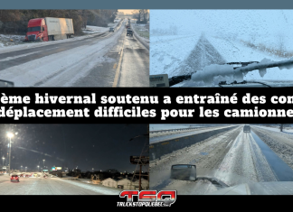 Un système hivernal soutenu a entraîné des conditions de déplacement difficiles pour les camionneurs Montage de photos prises par la camionneuse Vanessa Boisclair-Metthé montrant des routes glacées, enneigées et couvertes de verglas aux États-Unis, avec des camions circulant dans des conditions hivernales difficiles. Le texte du graphique indique : « Un système hivernal soutenu a entraîné des conditions de déplacement difficiles pour les camionneurs ». Les images illustrent des autoroutes glissantes, une visibilité réduite et des chaussées partiellement gelées, mettant en évidence les défis du transport routier en période de météo extrême.