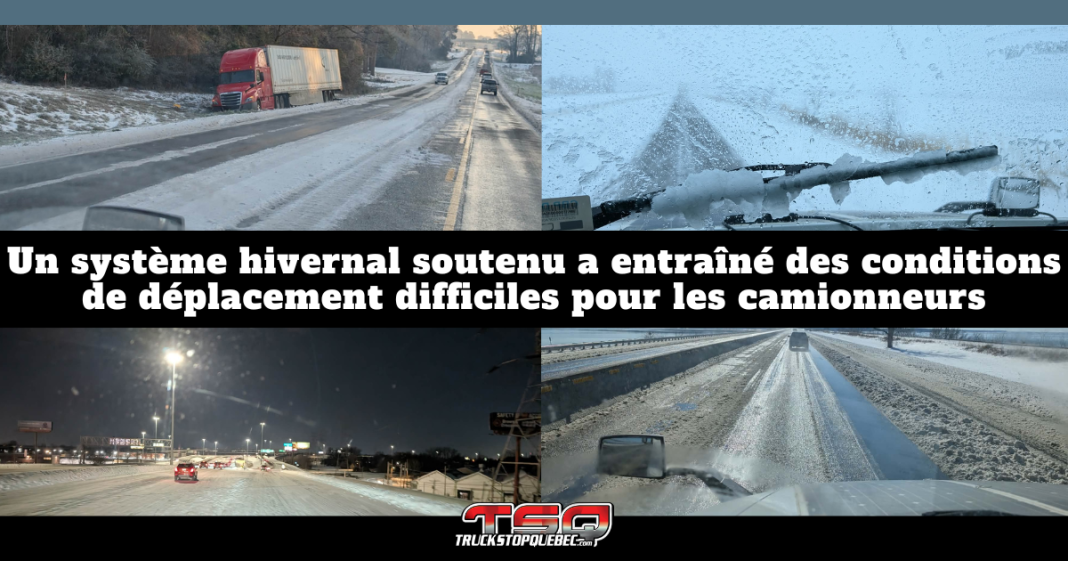 Montage de photos prises par la camionneuse Vanessa Boisclair-Metthé montrant des routes glacées, enneigées et couvertes de verglas aux États-Unis, avec des camions circulant dans des conditions hivernales difficiles. Le texte du graphique indique : « Un système hivernal soutenu a entraîné des conditions de déplacement difficiles pour les camionneurs ». Les images illustrent des autoroutes glissantes, une visibilité réduite et des chaussées partiellement gelées, mettant en évidence les défis du transport routier en période de météo extrême.