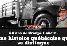 80 ans de Groupe Robert : Une histoire québécoise qui se distingue Graphique qui souligne les 80 ans de Groupe Robert, avec le texte « 80 ans de Groupe Robert – Une histoire québécoise qui se distingue ». On y voit un camion ancien de Groupe Robert en arrière-plan, rappelant les origines de l’entreprise, ainsi que M. Claude Robert.