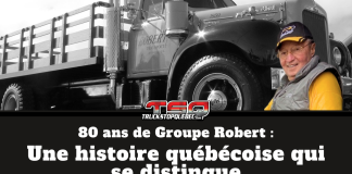 80 ans de Groupe Robert : Une histoire québécoise qui se distingue Graphique qui souligne les 80 ans de Groupe Robert, avec le texte « 80 ans de Groupe Robert – Une histoire québécoise qui se distingue ». On y voit un camion ancien de Groupe Robert en arrière-plan, rappelant les origines de l’entreprise, ainsi que M. Claude Robert.