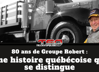 80 ans de Groupe Robert : Une histoire québécoise qui se distingue Graphique qui souligne les 80 ans de Groupe Robert, avec le texte « 80 ans de Groupe Robert – Une histoire québécoise qui se distingue ». On y voit un camion ancien de Groupe Robert en arrière-plan, rappelant les origines de l’entreprise, ainsi que M. Claude Robert.