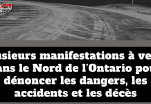 Plusieurs manifestations dans le Nord de l’Ontario pour dénoncer les dangers, les accidents et les décès Graphique : Plusieurs manifestations dans le Nord de l'Ontario pour dénoncer les dangers, les accidents et les décès sur la route 11-17.