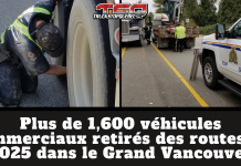Plus de 1,600 véhicules commerciaux retirés des routes en 2025 (C.-B.) Inspection routière d’un camion par des agents de la GRC de Burnaby dans la région du Grand Vancouver. Vérification des pneus, des freins et de la conformité d’un véhicule commercial lors d’un contrôle de sécurité routière en Colombie-Britannique. Photos de la GRC de Burnaby. Texte sur le graphique : Plus de 1,600 véhicules commerciaux retirés des routes en 2025 dans le Grand Vancouver.