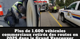 Plus de 1,600 véhicules commerciaux retirés des routes en 2025 (C.-B.) Inspection routière d’un camion par des agents de la GRC de Burnaby dans la région du Grand Vancouver. Vérification des pneus, des freins et de la conformité d’un véhicule commercial lors d’un contrôle de sécurité routière en Colombie-Britannique. Photos de la GRC de Burnaby. Texte sur le graphique : Plus de 1,600 véhicules commerciaux retirés des routes en 2025 dans le Grand Vancouver.