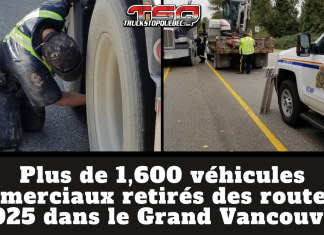 Plus de 1,600 véhicules commerciaux retirés des routes en 2025 (C.-B.) Inspection routière d’un camion par des agents de la GRC de Burnaby dans la région du Grand Vancouver. Vérification des pneus, des freins et de la conformité d’un véhicule commercial lors d’un contrôle de sécurité routière en Colombie-Britannique. Photos de la GRC de Burnaby. Texte sur le graphique : Plus de 1,600 véhicules commerciaux retirés des routes en 2025 dans le Grand Vancouver.