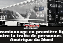 Le camionnage en première ligne contre la traite de personnes en Amérique du Nord Camion lourd arborant une remorque de sensibilisation contre la traite de personnes, illustrant le rôle clé du camionnage nord-américain dans la prévention du trafic humain et la protection des victimes.
