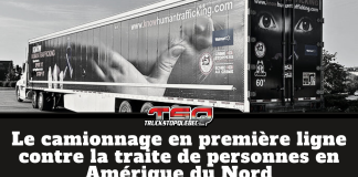 Le camionnage en première ligne contre la traite de personnes en Amérique du Nord Camion lourd arborant une remorque de sensibilisation contre la traite de personnes, illustrant le rôle clé du camionnage nord-américain dans la prévention du trafic humain et la protection des victimes.