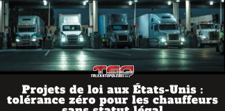 Projets de loi aux États-Unis : tolérance zéro pour les chauffeurs sans statut légal Camions lourds alignés de nuit dans une station-service américaine, avec le texte « Projets de loi aux États-Unis : tolérance zéro pour les chauffeurs sans statut légal » et le logo Truck Stop Québec, illustrant le durcissement des lois américaines sur le camionnage et l’immigration.