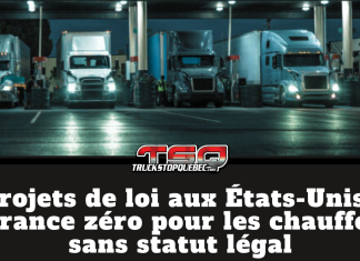 Projets de loi aux États-Unis : tolérance zéro pour les chauffeurs sans statut légal Camions lourds alignés de nuit dans une station-service américaine, avec le texte « Projets de loi aux États-Unis : tolérance zéro pour les chauffeurs sans statut légal » et le logo Truck Stop Québec, illustrant le durcissement des lois américaines sur le camionnage et l’immigration.