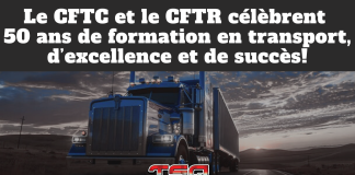 CFTR et CFTC : 50 ans au service du transport au Québec Camion de type semi-remorque roulant sur une route au coucher du soleil, avec le texte « Le CFTC et le CFTR célèbrent 50 ans de formation en transport, d’excellence et de succès! » affiché au-dessus, image utilisée par Truck Stop Québec.