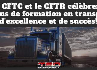 CFTR et CFTC : 50 ans au service du transport au Québec Camion de type semi-remorque roulant sur une route au coucher du soleil, avec le texte « Le CFTC et le CFTR célèbrent 50 ans de formation en transport, d’excellence et de succès! » affiché au-dessus, image utilisée par Truck Stop Québec.