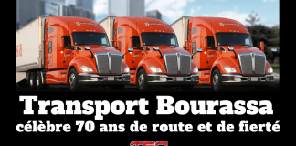 Transport Bourassa célèbre 70 ans de route et de fierté! Camions de Transport Bourassa illustrant 70 ans d’histoire, de camionnage québécois et l’engagement des camionneurs et équipes de Transport Bourassa.