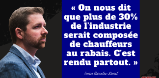 Stratagème Chauffeur inc. : des pratiques dénoncées depuis des années exposent un système dangereux Graphique illustrant Xavier Barsalou-Duval, député du Bloc Québécois, accompagné d’une citation sur le stratagème des chauffeurs inc. affirmant que plus de 30 % de l’industrie du transport serait composée de chauffeurs au rabais. Stratagème Chauffeur inc. : des pratiques dénoncées depuis des années exposent un système dangereux.
