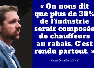Stratagème Chauffeur inc. : des pratiques dénoncées depuis des années exposent un système dangereux Graphique illustrant Xavier Barsalou-Duval, député du Bloc Québécois, accompagné d’une citation sur le stratagème des chauffeurs inc. affirmant que plus de 30 % de l’industrie du transport serait composée de chauffeurs au rabais. Stratagème Chauffeur inc. : des pratiques dénoncées depuis des années exposent un système dangereux.