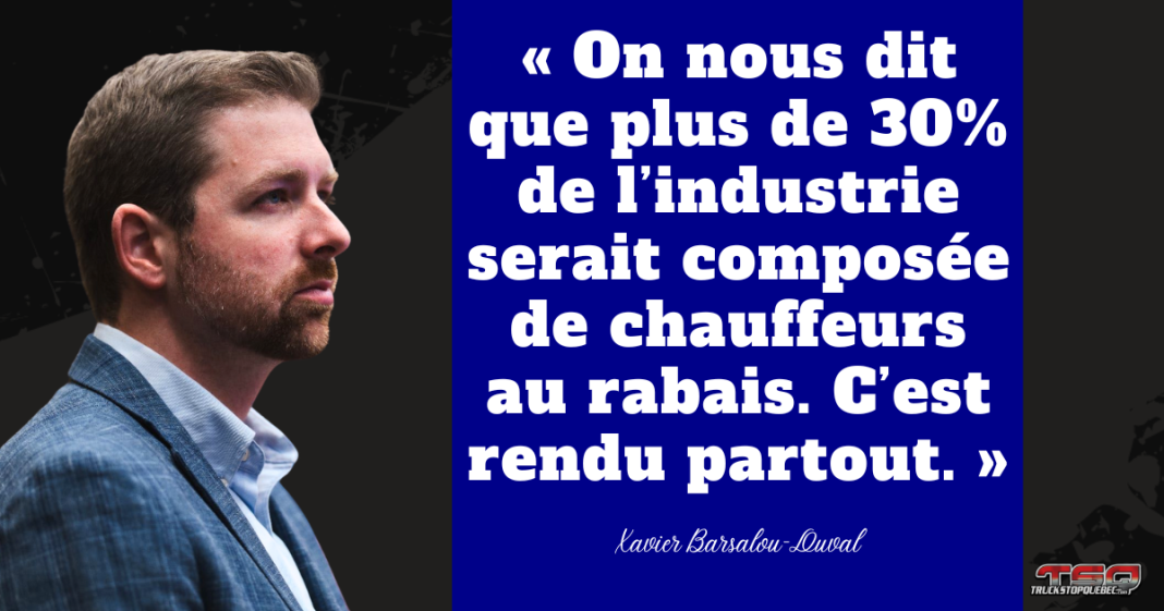 Graphique illustrant Xavier Barsalou-Duval, député du Bloc Québécois, accompagné d’une citation sur le stratagème des chauffeurs inc. affirmant que plus de 30 % de l’industrie du transport serait composée de chauffeurs au rabais. Stratagème Chauffeur inc. : des pratiques dénoncées depuis des années exposent un système dangereux.
