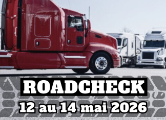 International Roadcheck : dates annoncées pour le contrôle routier international de la CVSA Camions dans un stationnement, avec une trace de pneu, et le texte : International Roadcheck du 12 au 14 mai 2026.