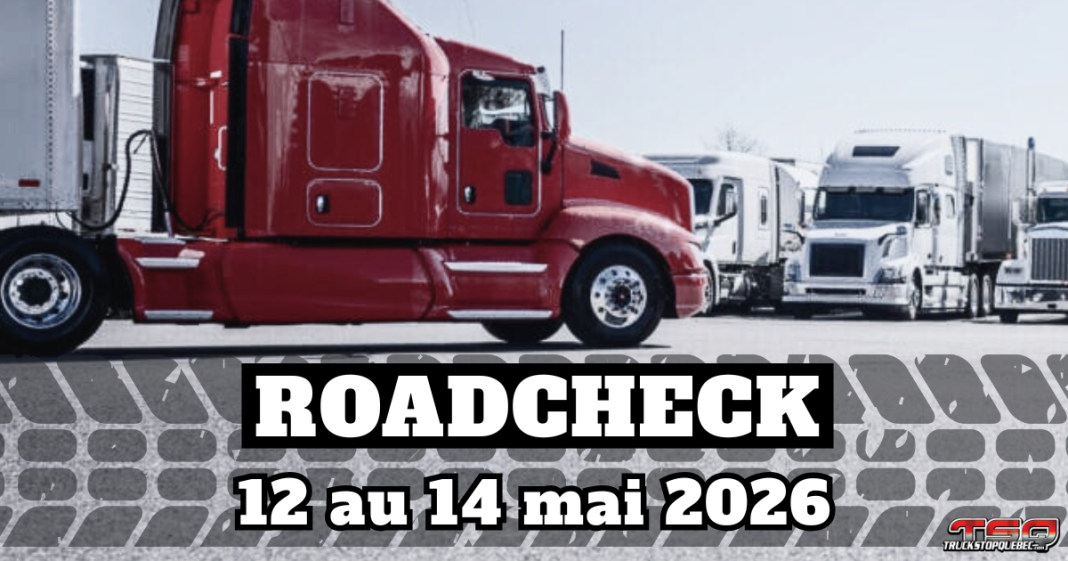 Camions dans un stationnement, avec une trace de pneu, et le texte : International Roadcheck du 12 au 14 mai 2026.
