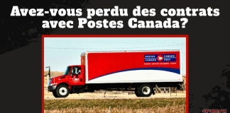 Chauffeur Inc : Postes Canada critiquée pour ses choix de sous-traitance Camion de Postes Canada stationné devant un bâtiment, avec un message sur fond noir : Avez-vous perdu des contrats avec Postes Canada?