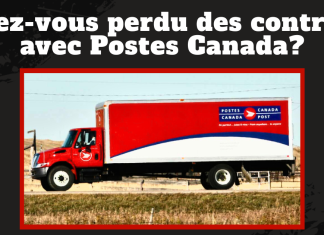 Chauffeur Inc : Postes Canada critiquée pour ses choix de sous-traitance Camion de Postes Canada stationné devant un bâtiment, avec un message sur fond noir : Avez-vous perdu des contrats avec Postes Canada?